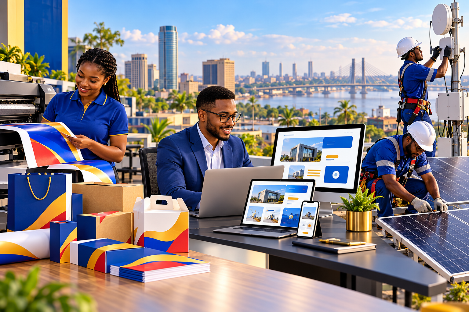 Professionnels EMS travaillant sur l’impression, le numérique, le réseau et le solaire